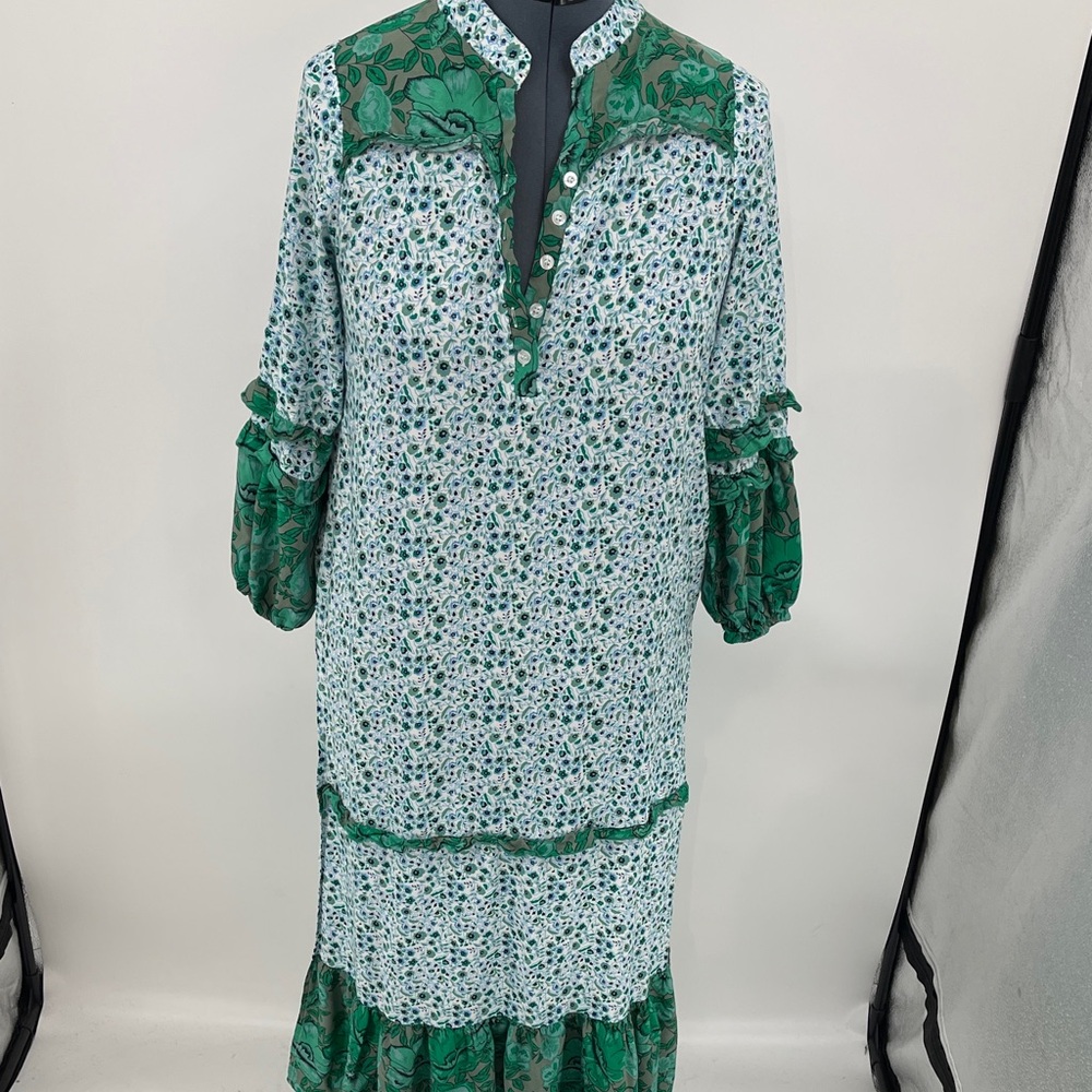 R. Vivimos LONG BOHEMIAN Floral Green and White Women's Dress SIZE L 12/14